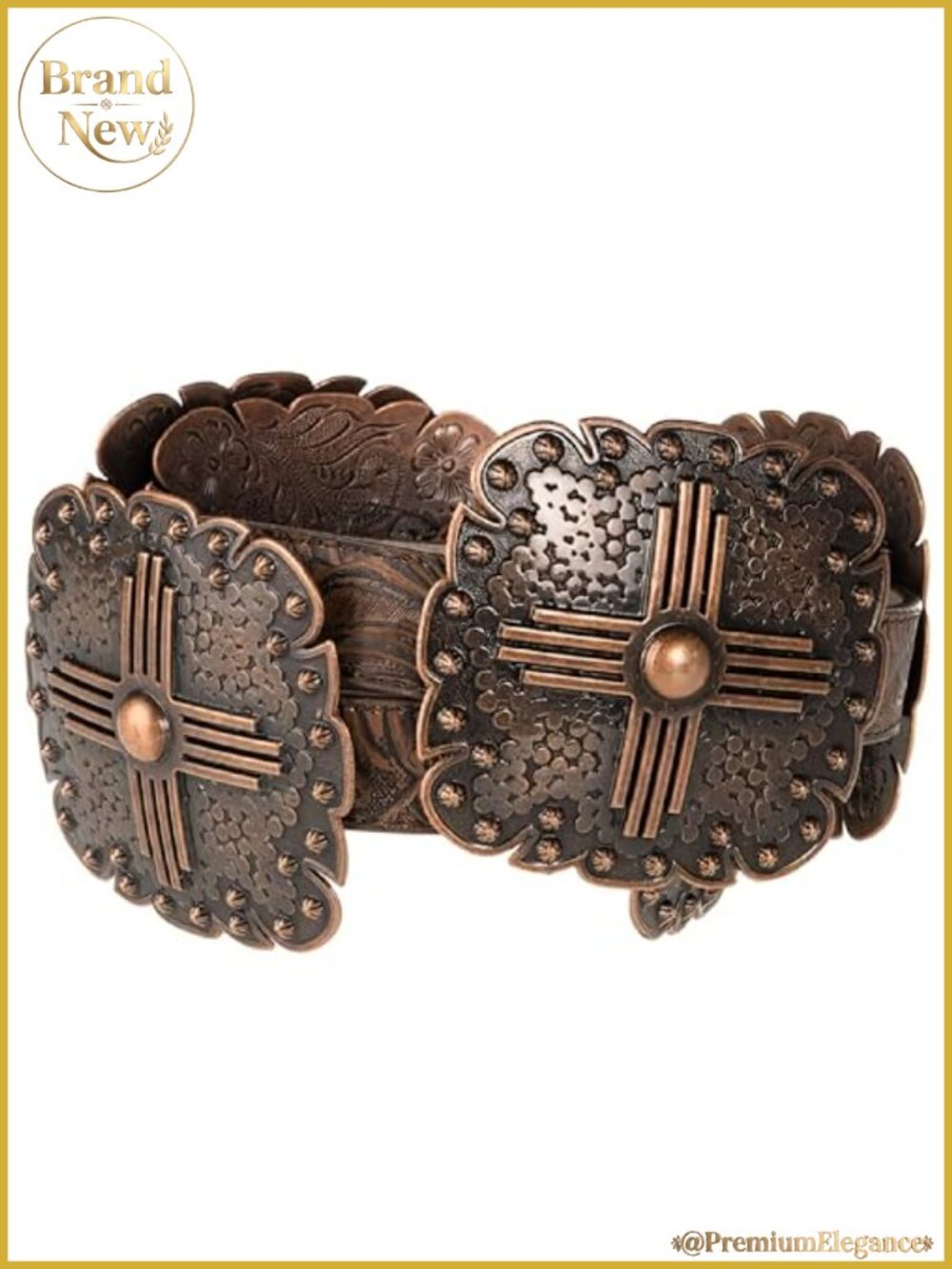 Women's Floral Embossed Leather Belt with Square Conchos & Removable Buckle